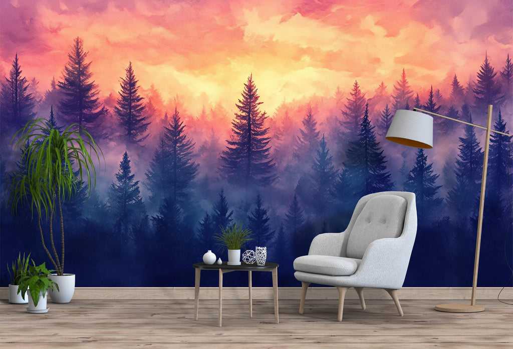 Sunset Forest Wall Mural – Vibrant Nature Wallpaper – Purple & Orange Landscape Wall Art – Peel and Stick Misty Pine Tree Décor