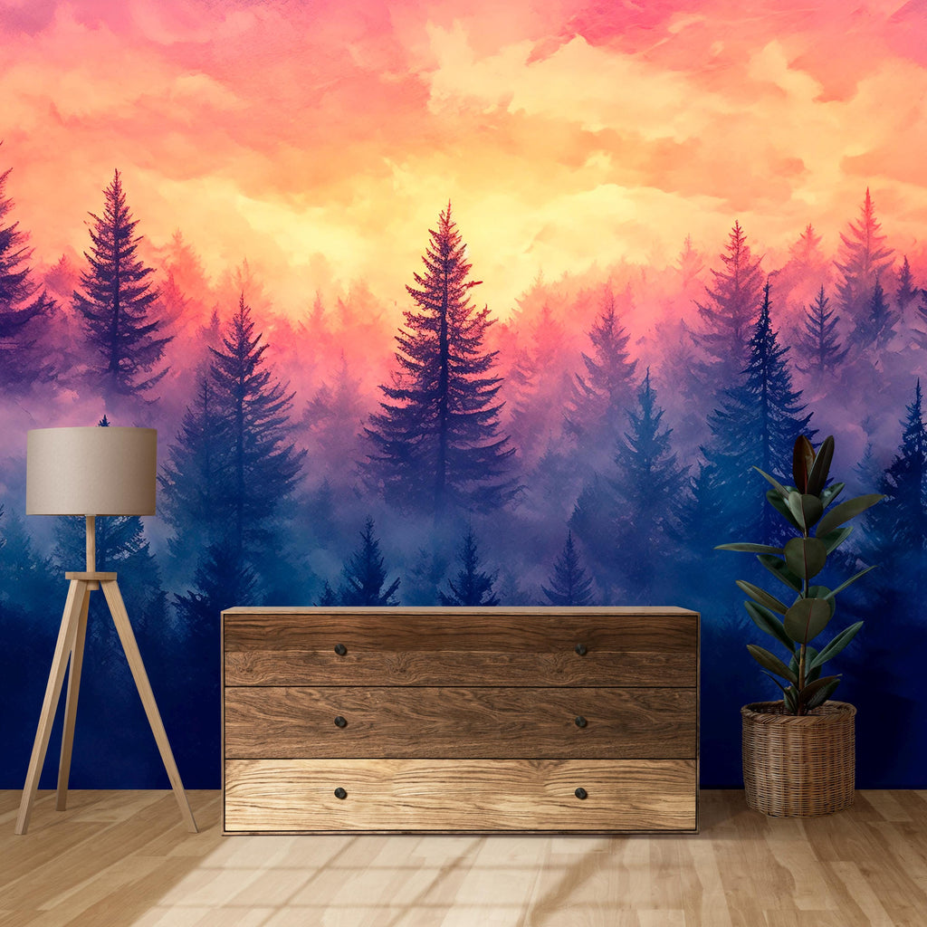 Sunset Forest Wall Mural – Vibrant Nature Wallpaper – Purple & Orange Landscape Wall Art – Peel and Stick Misty Pine Tree Décor