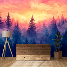 Load image into Gallery viewer, Sunset Forest Wall Mural – Vibrant Nature Wallpaper – Purple &amp; Orange Landscape Wall Art – Peel and Stick Misty Pine Tree Décor