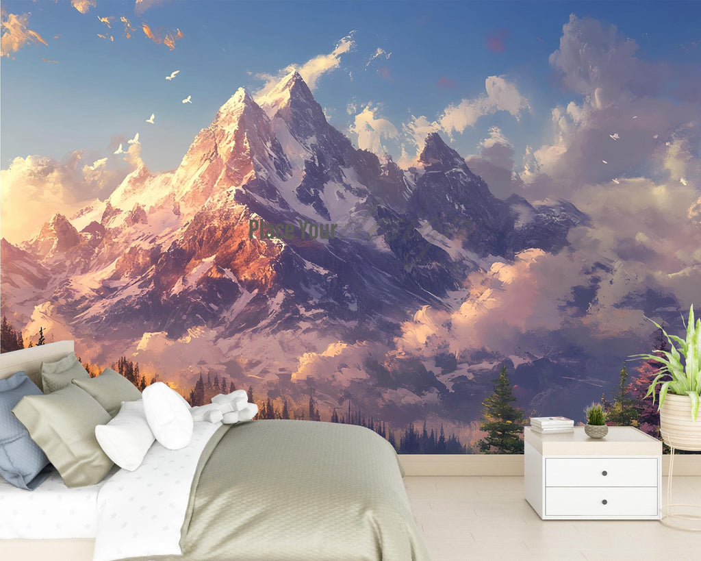Majestic Mountain Wall Mural – Snowy Peak Nature Wallpaper – Dramatic Sunset Landscape – Peel & Stick Adventure Wall Art for Bedroom