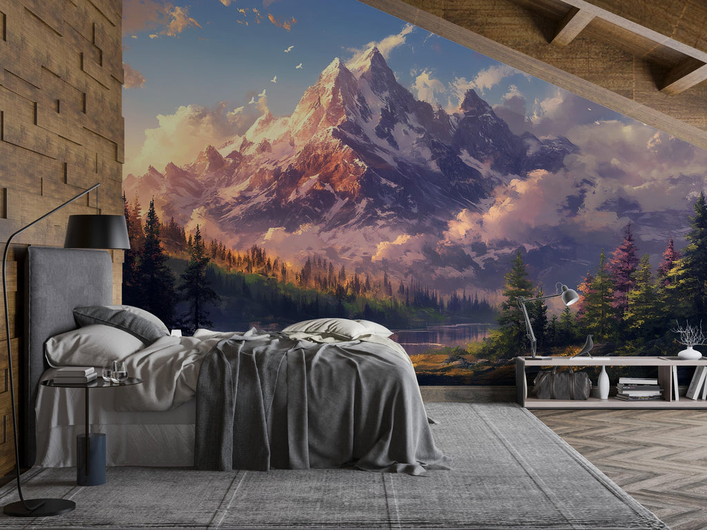 Majestic Mountain Wall Mural – Snowy Peak Nature Wallpaper – Dramatic Sunset Landscape – Peel & Stick Adventure Wall Art for Bedroom