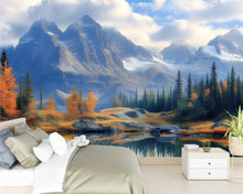Load image into Gallery viewer, Mountain Lake Autumn Mural – Fall Forest Scenic Wallpaper – Peel &amp; Stick Nature Wall Art – Rustic Bedroom Landscape Decor