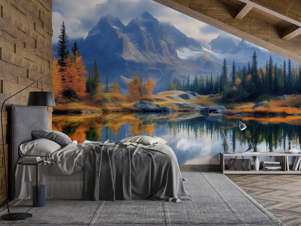 Mountain Lake Autumn Mural – Fall Forest Scenic Wallpaper – Peel & Stick Nature Wall Art – Rustic Bedroom Landscape Decor