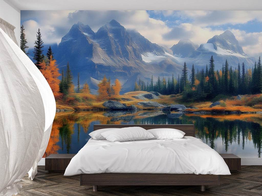 Mountain Lake Autumn Mural – Fall Forest Scenic Wallpaper – Peel & Stick Nature Wall Art – Rustic Bedroom Landscape Decor