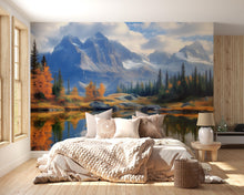 Load image into Gallery viewer, Mountain Lake Autumn Mural – Fall Forest Scenic Wallpaper – Peel &amp; Stick Nature Wall Art – Rustic Bedroom Landscape Decor