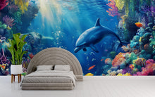 Load image into Gallery viewer, Underwater Dolphin Wall Mural – 3D Ocean Coral Reef Wallpaper – Peel &amp; Stick Sea Life Decor for Kids Room or Beach Home