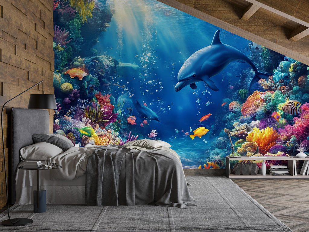 Underwater Dolphin Wall Mural – 3D Ocean Coral Reef Wallpaper – Peel & Stick Sea Life Decor for Kids Room or Beach Home