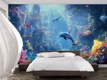 Load image into Gallery viewer, Atlantis Dolphin Wall Mural – 3D Underwater Ocean Scene – Colorful Coral Reef &amp; Ruins Wallpaper – Peel and Stick Kids Room Decor