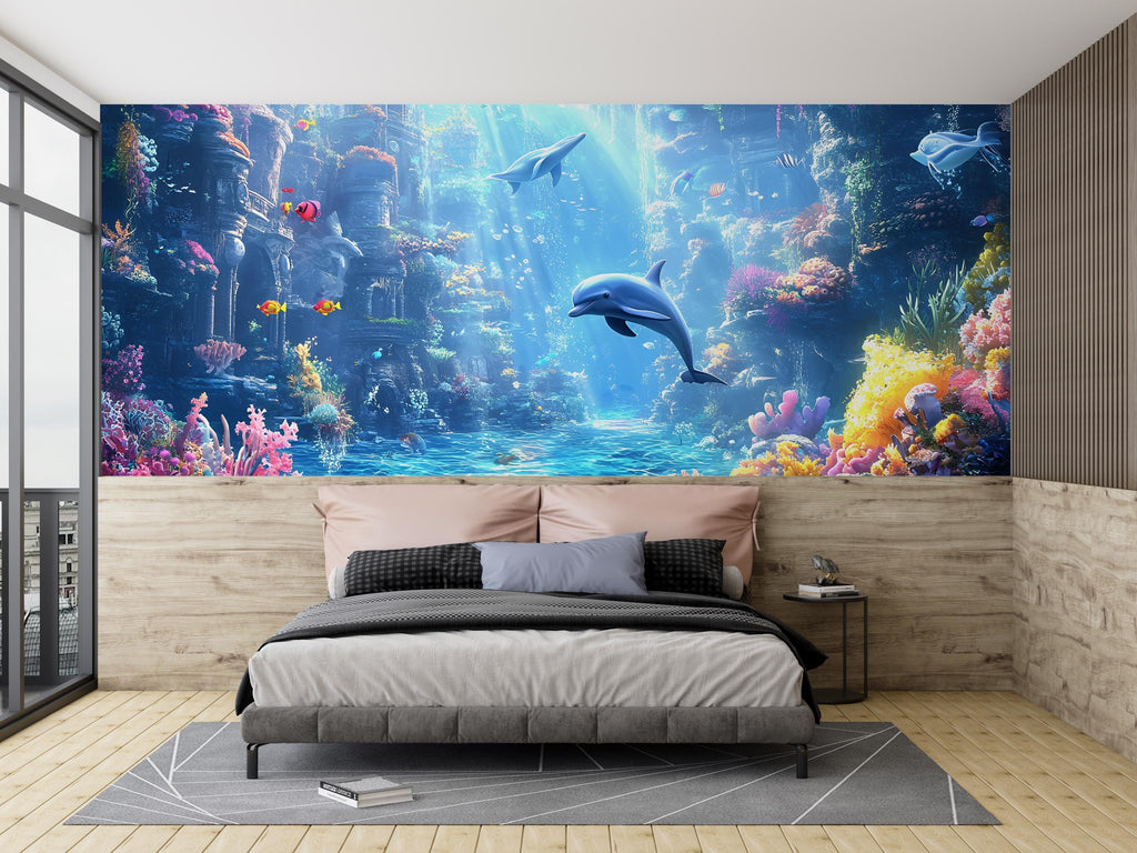 Atlantis Dolphin Wall Mural – 3D Underwater Ocean Scene – Colorful Coral Reef & Ruins Wallpaper – Peel and Stick Kids Room Decor
