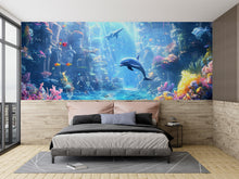 Load image into Gallery viewer, Atlantis Dolphin Wall Mural – 3D Underwater Ocean Scene – Colorful Coral Reef &amp; Ruins Wallpaper – Peel and Stick Kids Room Decor