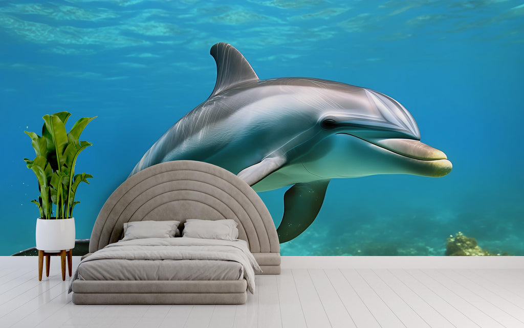 Dolphin Wall Mural – 3D Ocean Underwater Wallpaper for Kids Room, Boys Bedroom, Sea Animal Peel and Stick Removable Decor