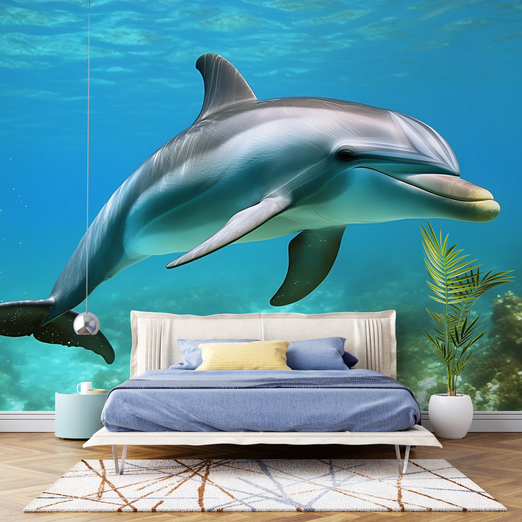Dolphin Wall Mural – 3D Ocean Underwater Wallpaper for Kids Room, Boys Bedroom, Sea Animal Peel and Stick Removable Decor