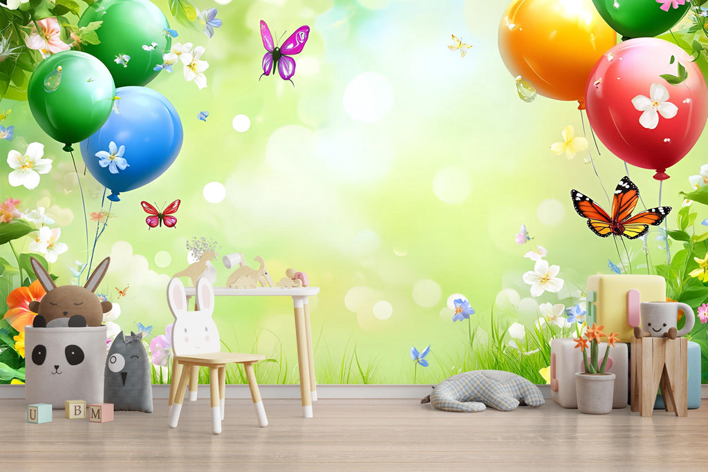 Spring Balloon Wall Mural – Butterfly Garden Wallpaper for Kids Room, Nursery, Playroom, Removable Peel and Stick Decor