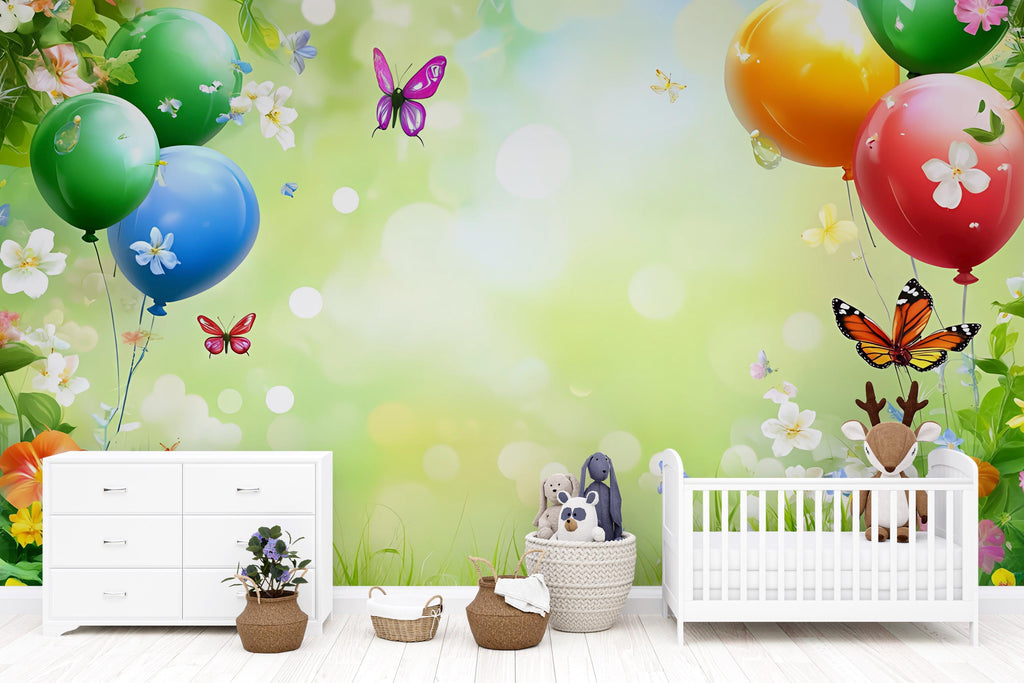 Spring Balloon Wall Mural – Butterfly Garden Wallpaper for Kids Room, Nursery, Playroom, Removable Peel and Stick Decor