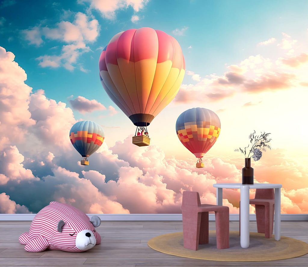 Hot Air Balloon Wall Mural – Sunset Sky Cloud Wallpaper for Kids Room, Nursery, Playroom, Peel and Stick Removable Decor