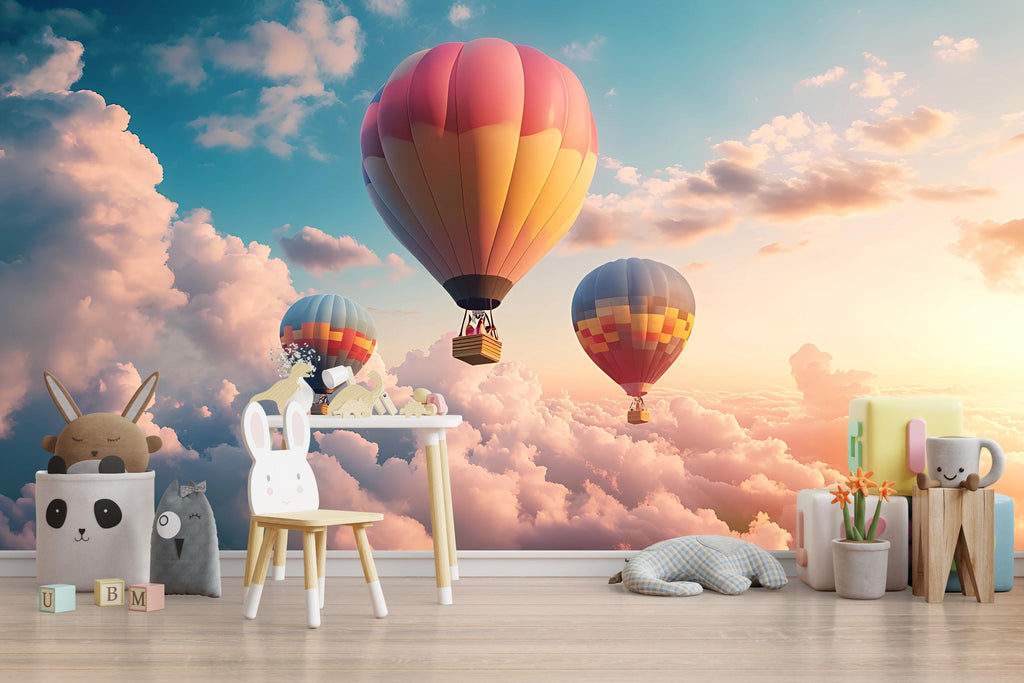 Hot Air Balloon Wall Mural – Sunset Sky Cloud Wallpaper for Kids Room, Nursery, Playroom, Peel and Stick Removable Decor
