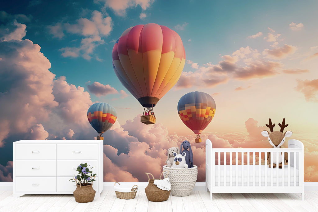 Hot Air Balloon Wall Mural – Sunset Sky Cloud Wallpaper for Kids Room, Nursery, Playroom, Peel and Stick Removable Decor