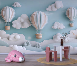 3D Hot Air Balloon Wall Mural – Gender Neutral Cloud Nursery Wallpaper – Baby Shower or Birthday Gift – Dreamy Sky Baby Room Decor