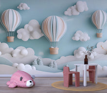 Load image into Gallery viewer, 3D Hot Air Balloon Nursery Mural – Gender Neutral Pastel Wallpaper, Kids Room Cloud Wall Art, Removable Peel and Stick Vinyl Decor