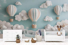 Load image into Gallery viewer, 3D Hot Air Balloon Nursery Mural – Gender Neutral Pastel Wallpaper, Kids Room Cloud Wall Art, Removable Peel and Stick Vinyl Decor