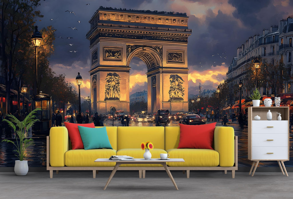 Paris Wall Mural – Arc de Triomphe Night Cityscape Wallpaper, Romantic Parisian Peel and Stick Decor for Bedroom or Living Room