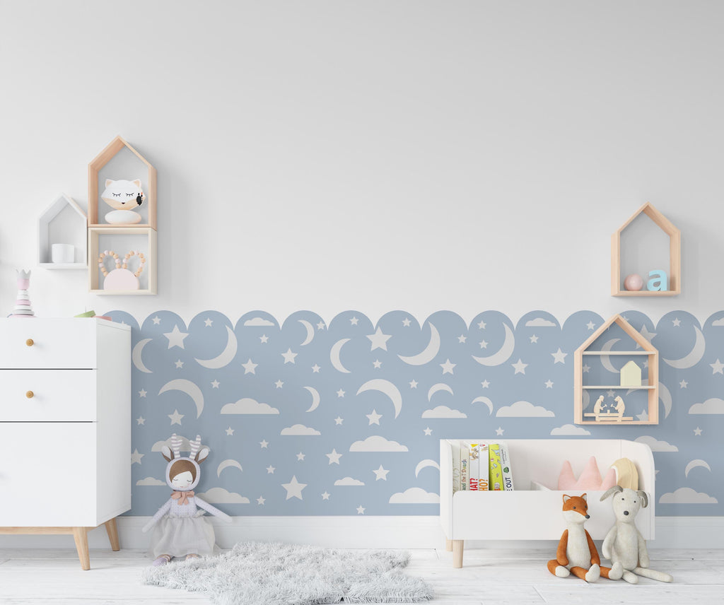 Scalloped Wall Decal, Scallop Decals, Boho Wall Decor Decal Boho Nursery, Scalloped Half Wall, Stars Moon Wallpaper, Border Wall Decal 656LU