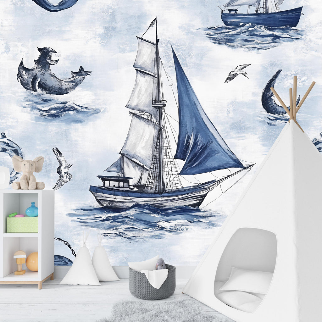 Sailboat Wall Mural – Nautical Ocean Peel and Stick Wallpaper for Kids Room or Nursery, Blue Boat and Sea Illustration Removable Décor