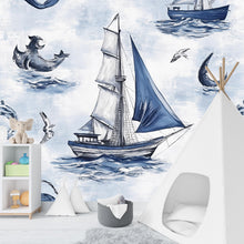 Load image into Gallery viewer, Sailboat Wall Mural – Nautical Ocean Peel and Stick Wallpaper for Kids Room or Nursery, Blue Boat and Sea Illustration Removable Décor