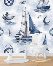 Load image into Gallery viewer, Sailboat Wall Mural – Nautical Ocean Peel and Stick Wallpaper for Kids Room or Nursery, Blue Boat and Sea Illustration Removable Décor