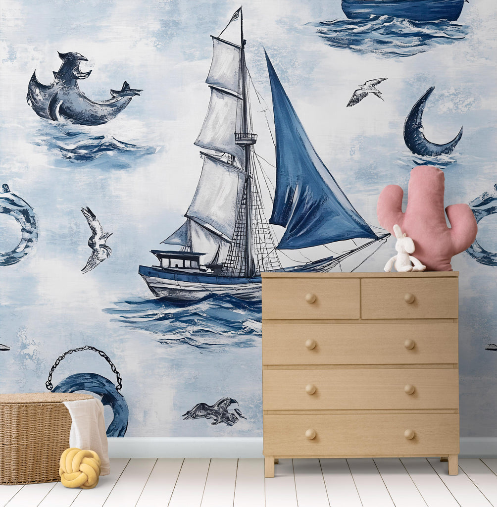 Sailboat Wall Mural – Nautical Ocean Peel and Stick Wallpaper for Kids Room or Nursery, Blue Boat and Sea Illustration Removable Décor
