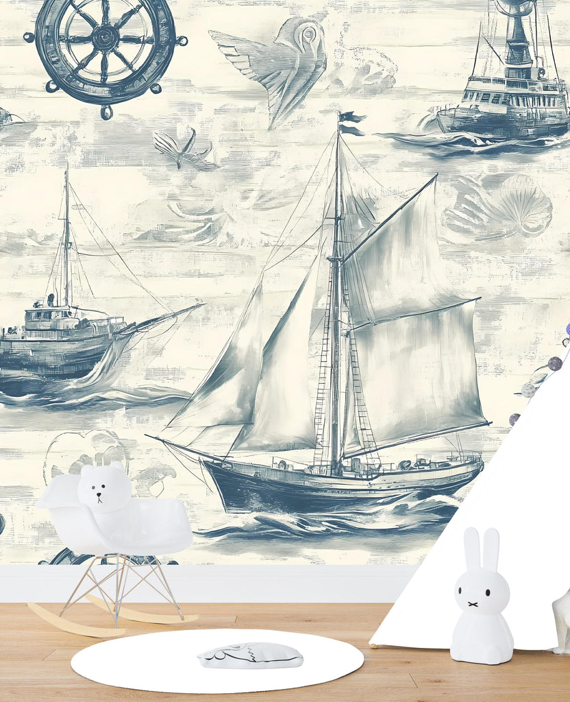 Nautical Sailboat Wallpaper – Peel and Stick Ocean Theme Wallpaper, Removable Vintage Ship Decor for Boys & Girls Nursery