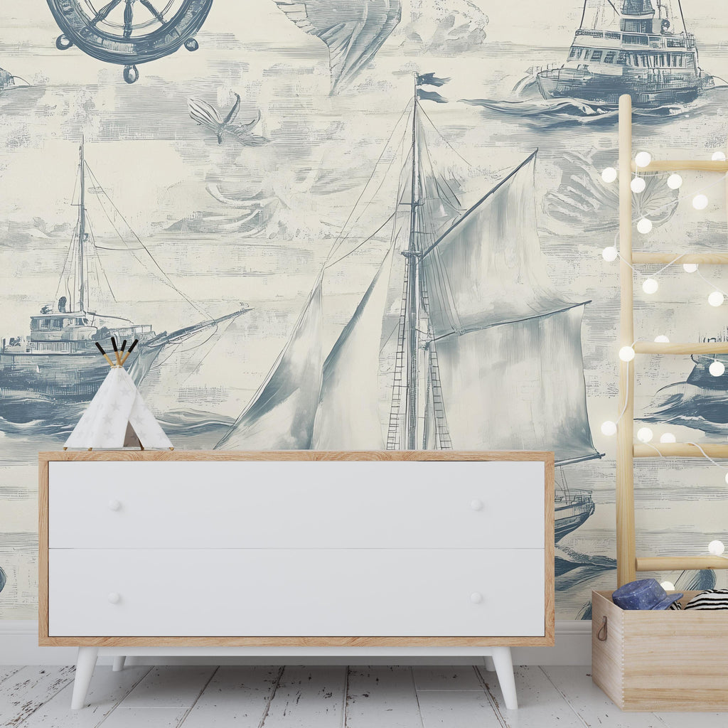 Nautical Sailboat Wallpaper – Peel and Stick Ocean Theme Wallpaper, Removable Vintage Ship Decor for Boys & Girls Nursery
