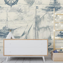 Load image into Gallery viewer, Nautical Sailboat Wallpaper – Peel and Stick Ocean Theme Wallpaper, Removable Vintage Ship Decor for Boys &amp; Girls Nursery