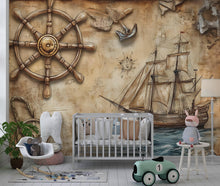 Load image into Gallery viewer, Pirate Ship Wallpaper for Kids Room – Vintage Nautical Ocean Wallpaper – Peel and Stick Sea Adventure Décor – Boys Pirate Bedroom