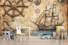 Load image into Gallery viewer, Pirate Ship Wallpaper for Kids Room – Vintage Nautical Ocean Wallpaper – Peel and Stick Sea Adventure Décor – Boys Pirate Bedroom