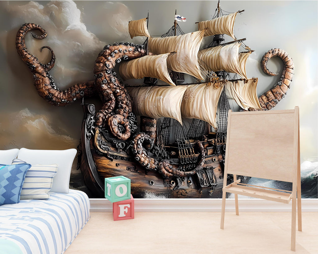 3D Kraken Pirate Ship Wallpaper – Nautical Sea Monster Wallpaper – Peel and Stick Vinyl Decal for Boys Room or Game Room