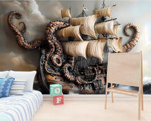 Load image into Gallery viewer, 3D Kraken Pirate Ship Wallpaper – Nautical Sea Monster Wallpaper – Peel and Stick Vinyl Decal for Boys Room or Game Room