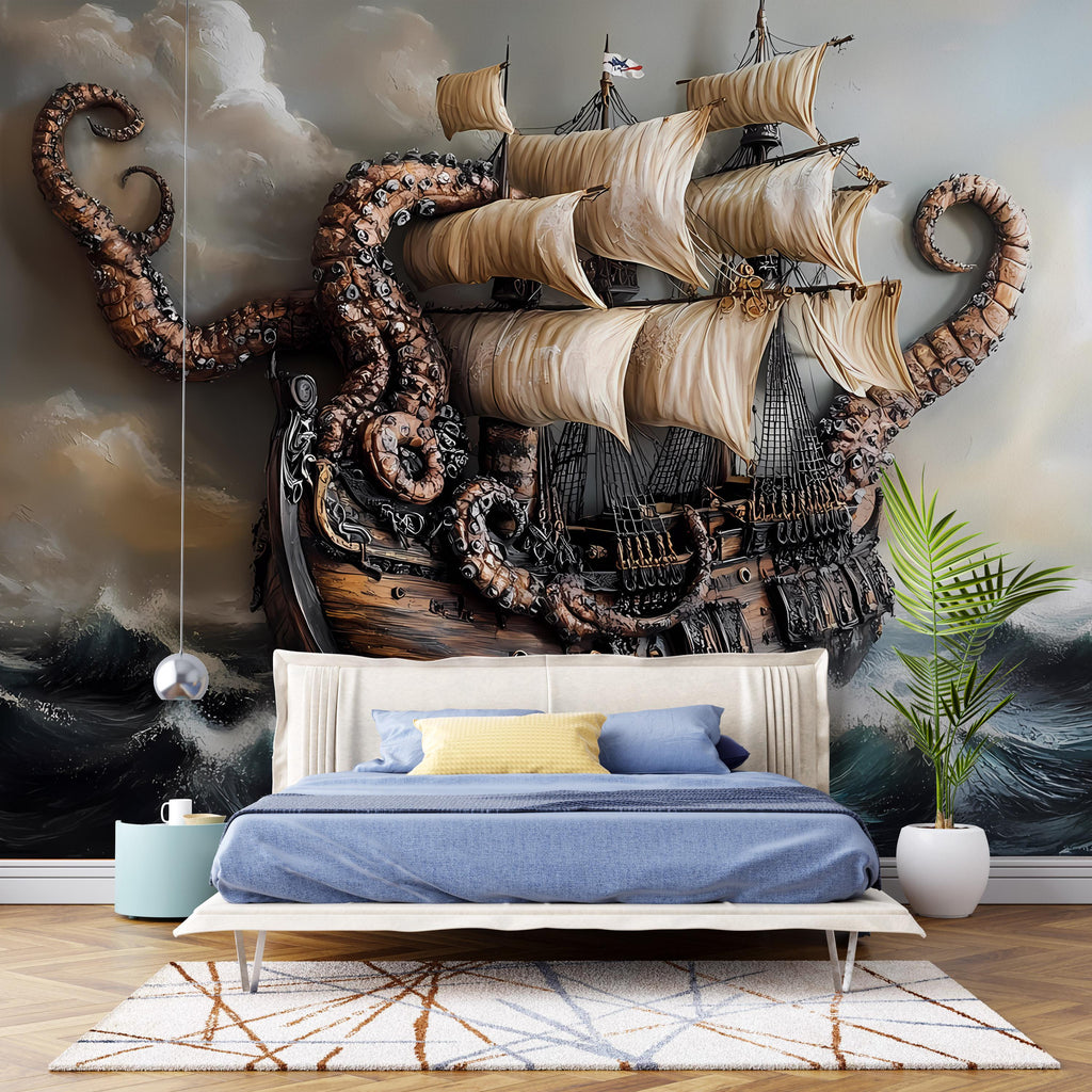 3D Kraken Pirate Ship Wallpaper – Nautical Sea Monster Wallpaper – Peel and Stick Vinyl Decal for Boys Room or Game Room