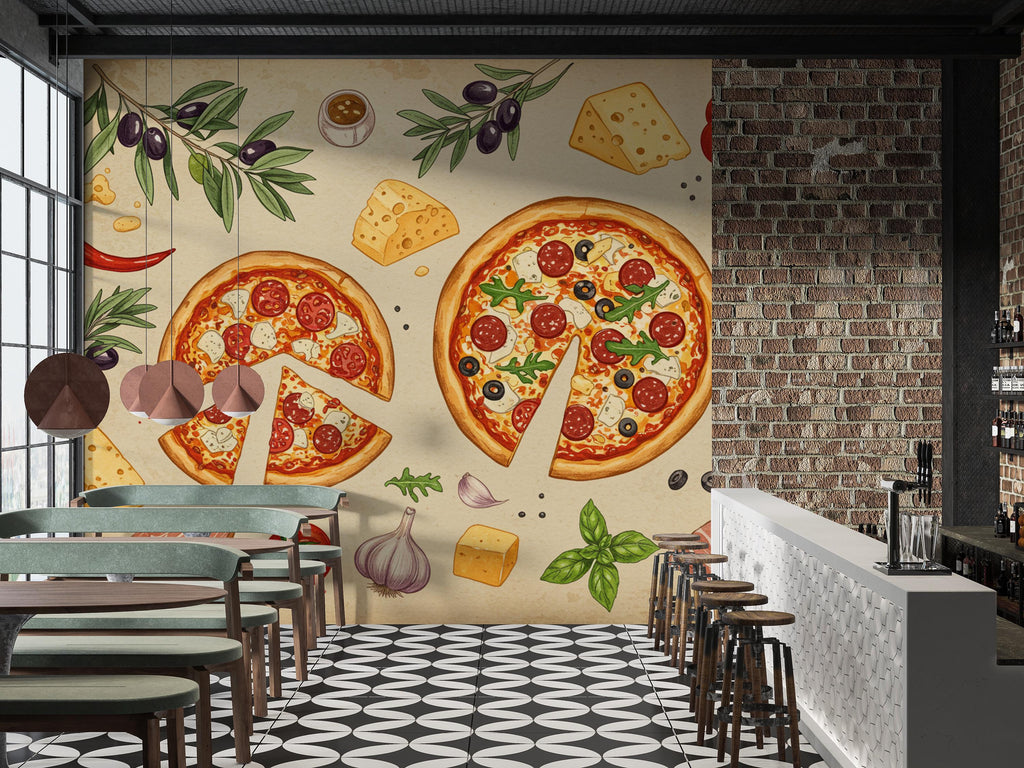 Vintage Pizzeria Wallpaper – Italian Pizza Wall Mural with Rustic Food Illustrations, Kitchen Decor Fabric Restaurant Mural 677RS