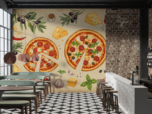 Load image into Gallery viewer, Vintage Pizzeria Wallpaper – Italian Pizza Wall Mural with Rustic Food Illustrations, Kitchen Decor Fabric Restaurant Mural 677RS