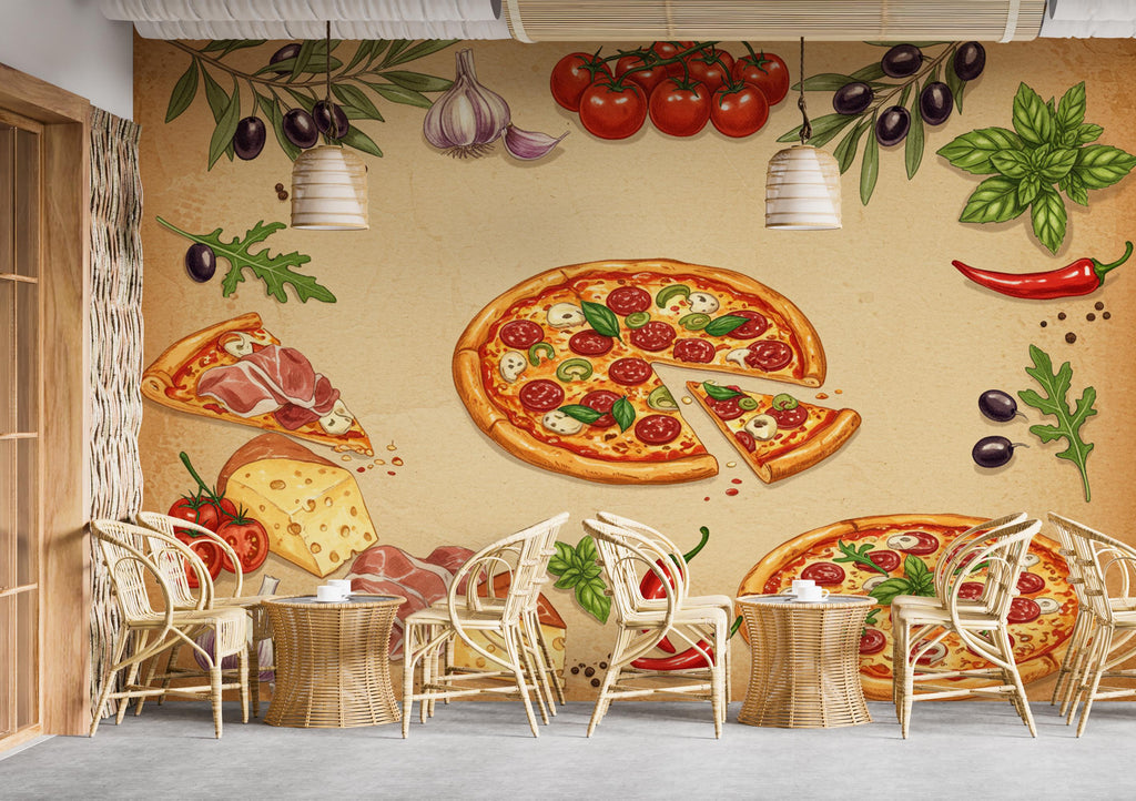 Vintage Pizzeria Wallpaper – Italian Pizza Wall Mural with Rustic Food Illustrations, Kitchen Decor Fabric Restaurant Mural 678RS