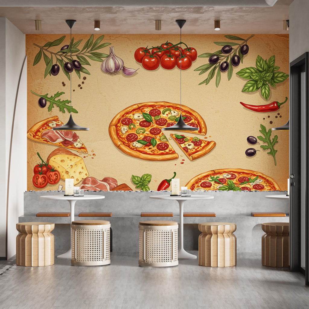 Vintage Pizzeria Wallpaper – Italian Pizza Wall Mural with Rustic Food Illustrations, Kitchen Decor Fabric Restaurant Mural 678RS