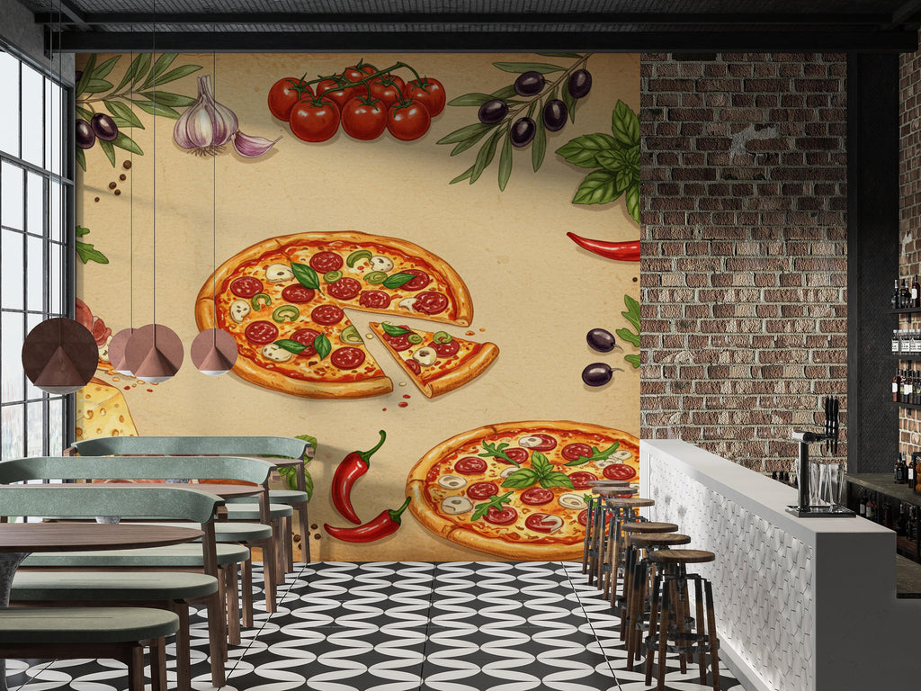 Vintage Pizzeria Wallpaper – Italian Pizza Wall Mural with Rustic Food Illustrations, Kitchen Decor Fabric Restaurant Mural 678RS