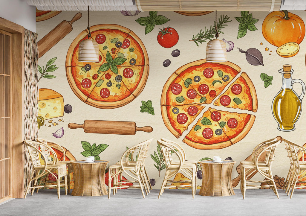 Vintage Pizzeria Wallpaper – Italian Pizza Wall Mural with Rustic Food Illustrations, Kitchen Decor Fabric Restaurant Mural 679RS