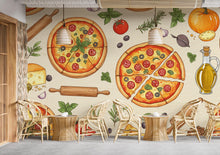 Load image into Gallery viewer, Vintage Pizzeria Wallpaper – Italian Pizza Wall Mural with Rustic Food Illustrations, Kitchen Decor Fabric Restaurant Mural 679RS