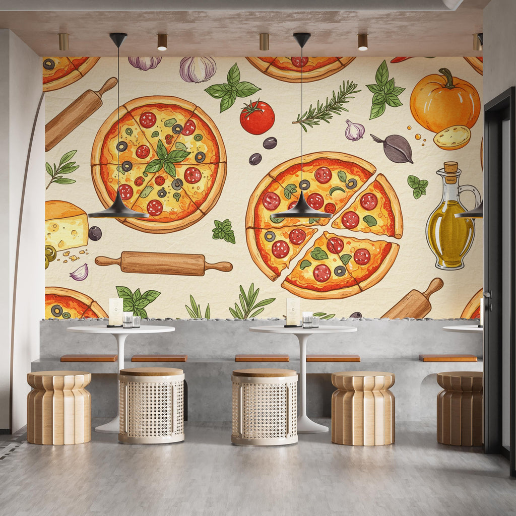 Vintage Pizzeria Wallpaper – Italian Pizza Wall Mural with Rustic Food Illustrations, Kitchen Decor Fabric Restaurant Mural 679RS