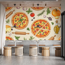 Load image into Gallery viewer, Vintage Pizzeria Wallpaper – Italian Pizza Wall Mural with Rustic Food Illustrations, Kitchen Decor Fabric Restaurant Mural 679RS