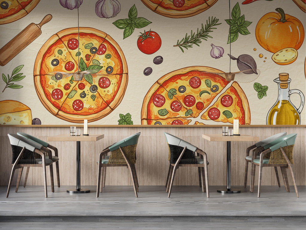 Vintage Pizzeria Wallpaper – Italian Pizza Wall Mural with Rustic Food Illustrations, Kitchen Decor Fabric Restaurant Mural 679RS