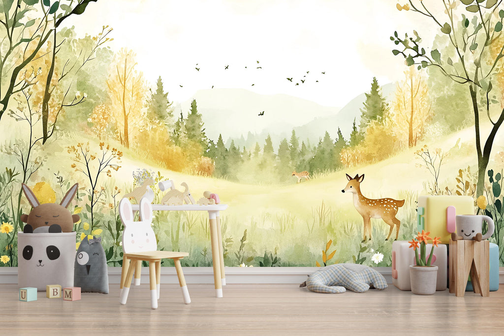 Woodland Forest Deer Wallpaper – Peel and Stick Wallpaper for Kids Room, Woodland Theme, Removable Nursery Wall Art