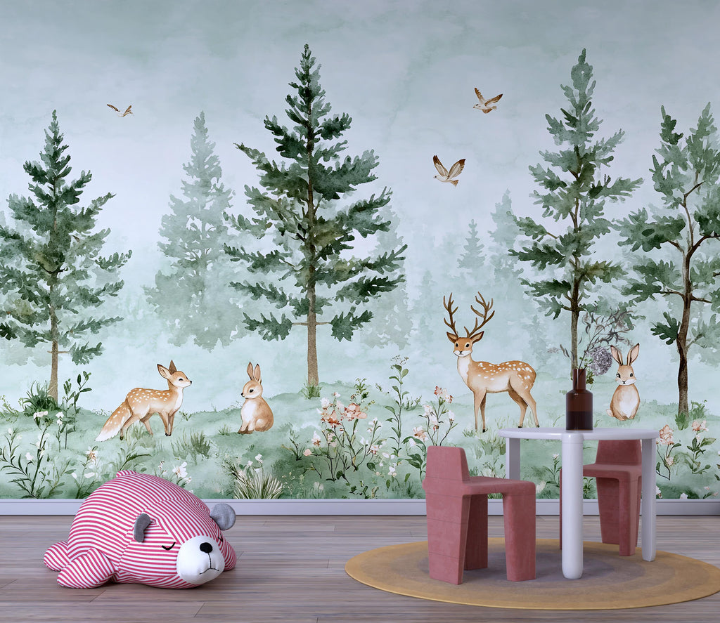 Woodland Forest Animal Wallpaper – Deer & Bunny Nursery Wallpaper – Peel and Stick Removable Kids Room Décor – Nature Woodland Backdrop